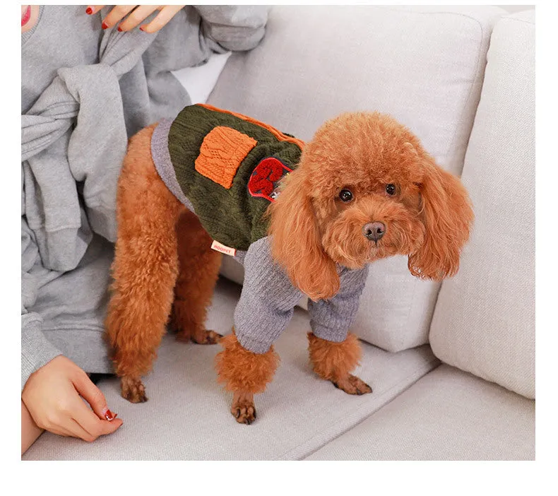 Blue cotton pullover dog sweater on a small breed dog, shown against a neutral background