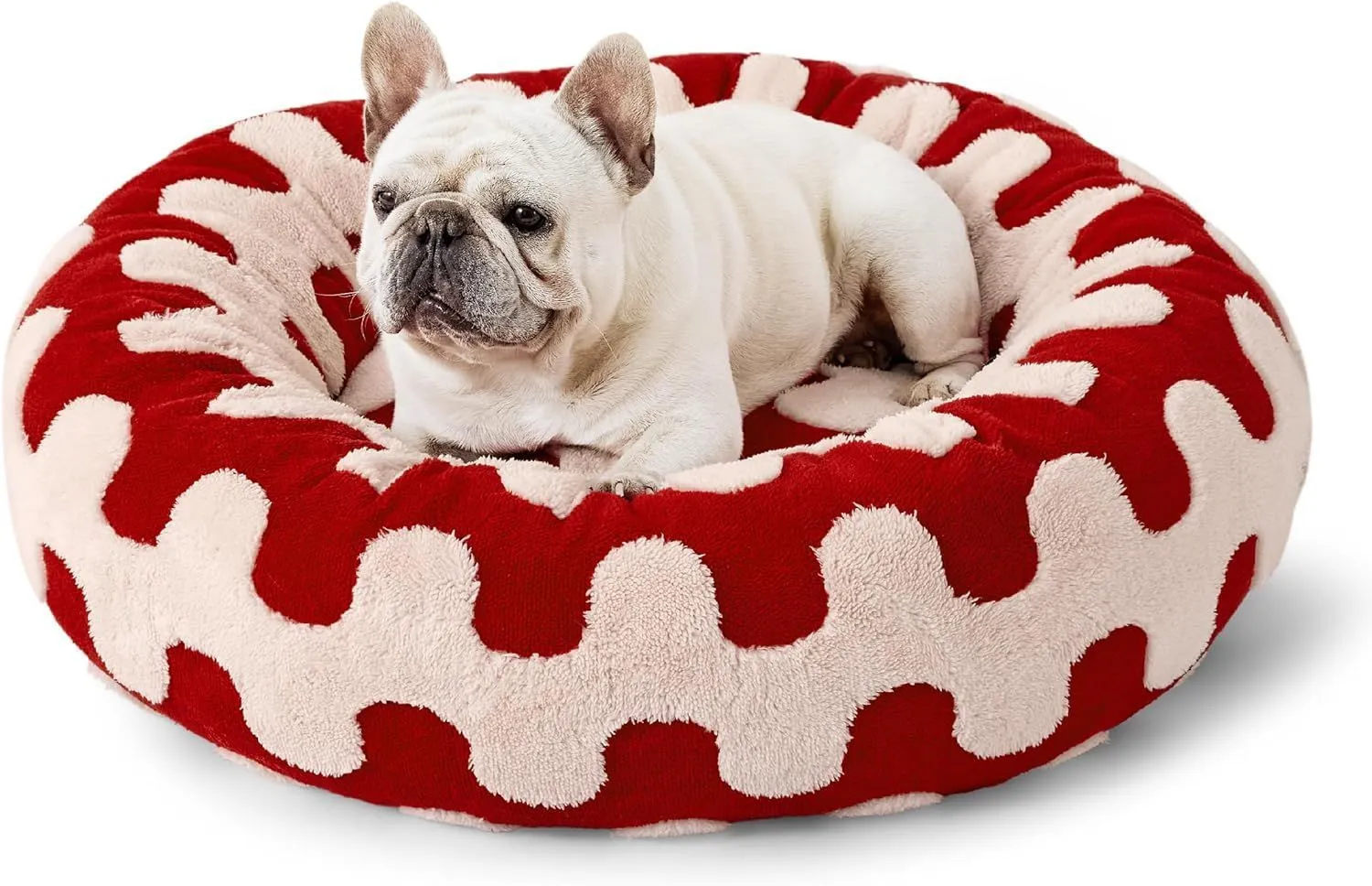 Round plaid dog bed with a raised edge on a plastic base, shown in a sea blue and white colour.