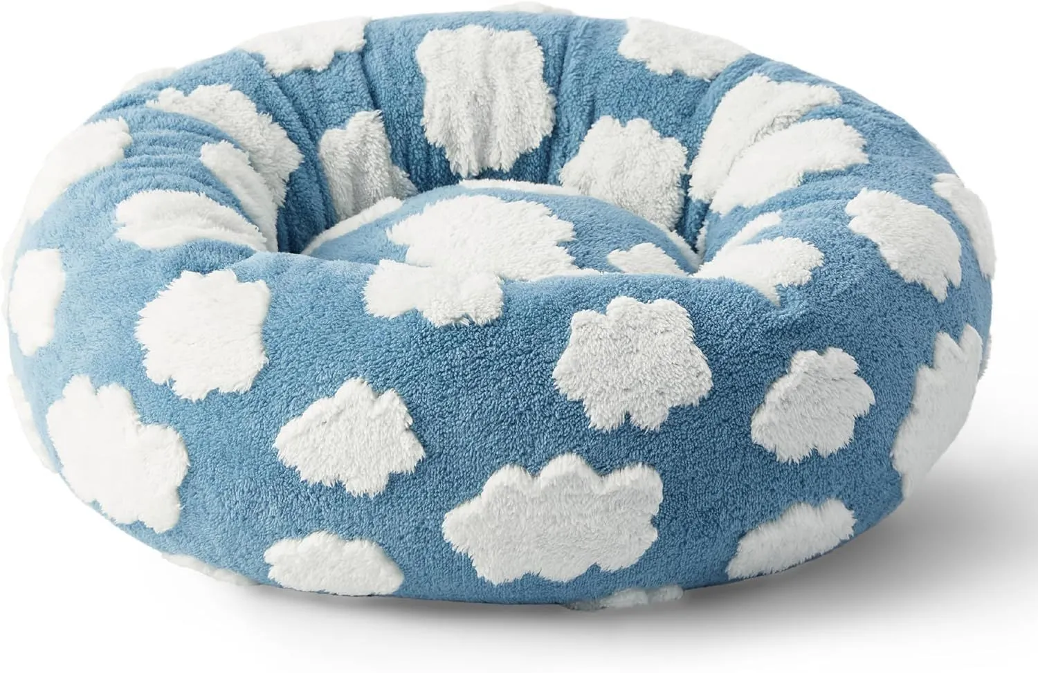 Round plaid dog bed with a raised edge on a plastic base, shown in a sea blue and white colour.