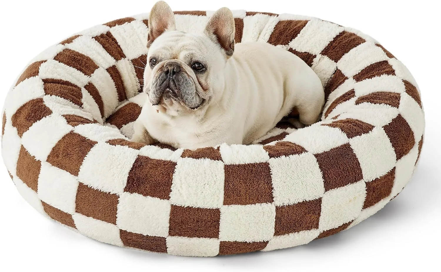 Round plaid dog bed with a raised edge on a plastic base, shown in a sea blue and white colour.