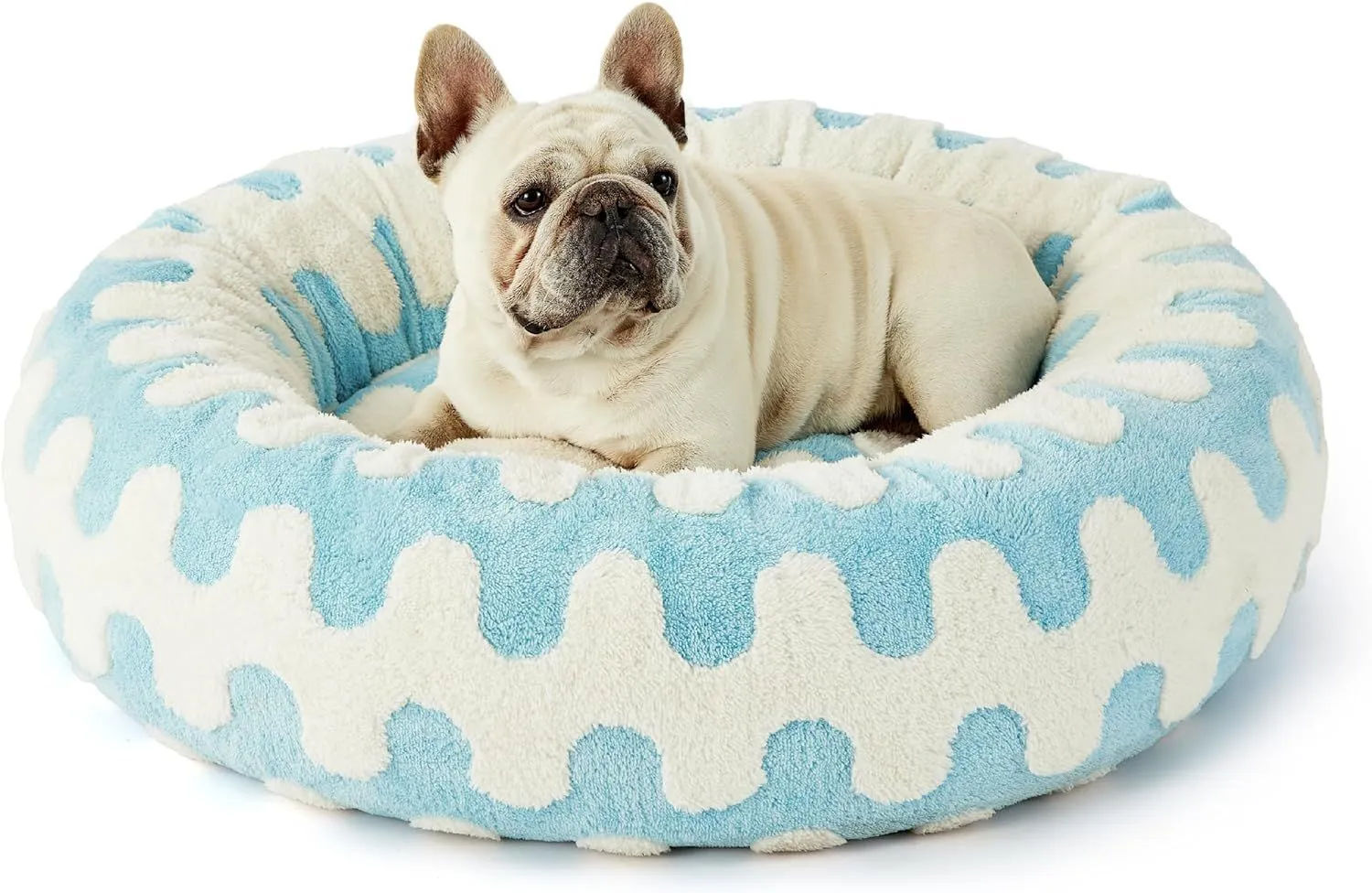 Round plaid dog bed with a raised edge on a plastic base, shown in a sea blue and white colour.