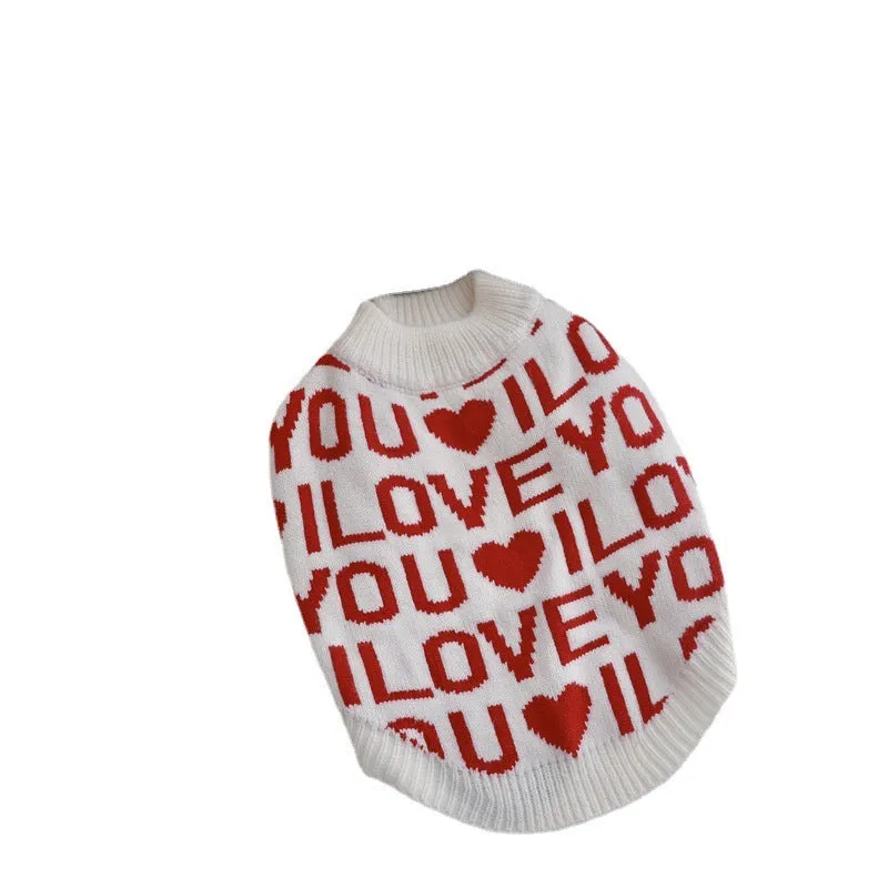 Red dog padded warm sweater made from rabbit velvet core-spun yarn on white background