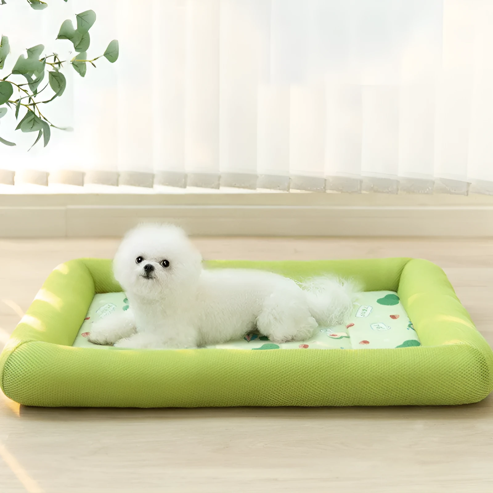 Pet dog cooler sandwich enclosure mat in Oxford cloth with print design, size L, colour avocado green, on floor