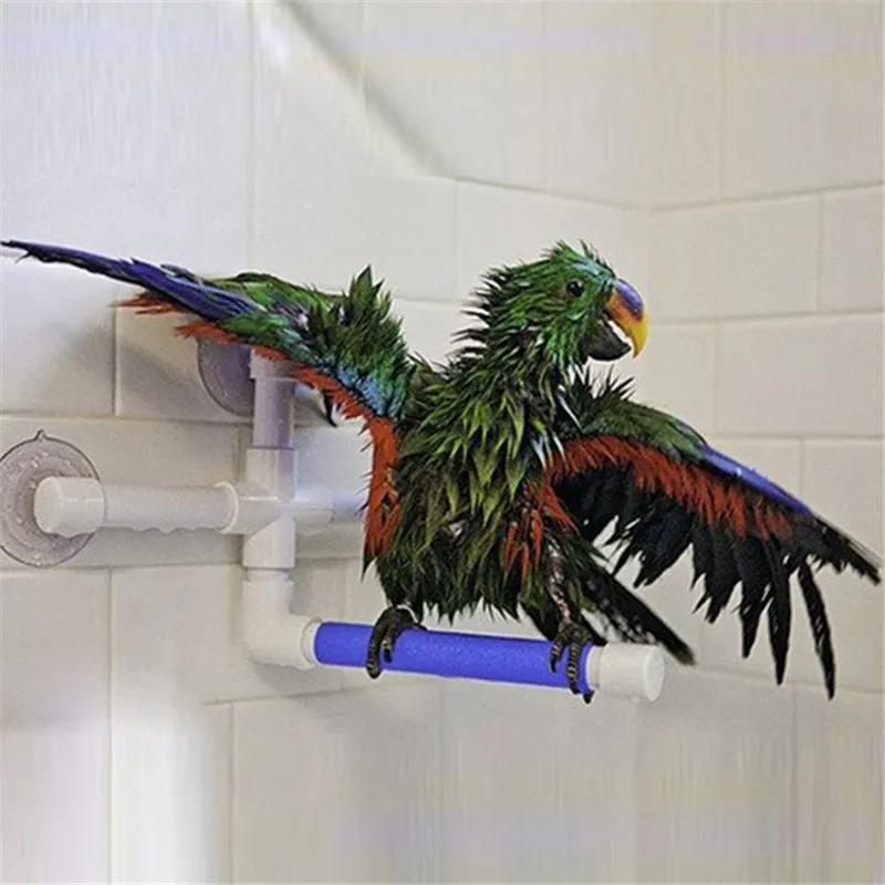 White plastic foldable parrot shower stand with three suction cups