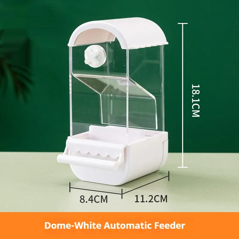 Parrot automatic pet feeder plastic acrylic dome small size white green yellow transparent long ladder