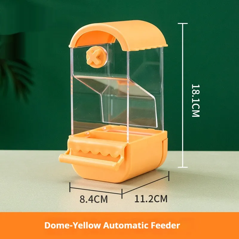 Parrot automatic pet feeder plastic acrylic dome small size white green yellow transparent long ladder