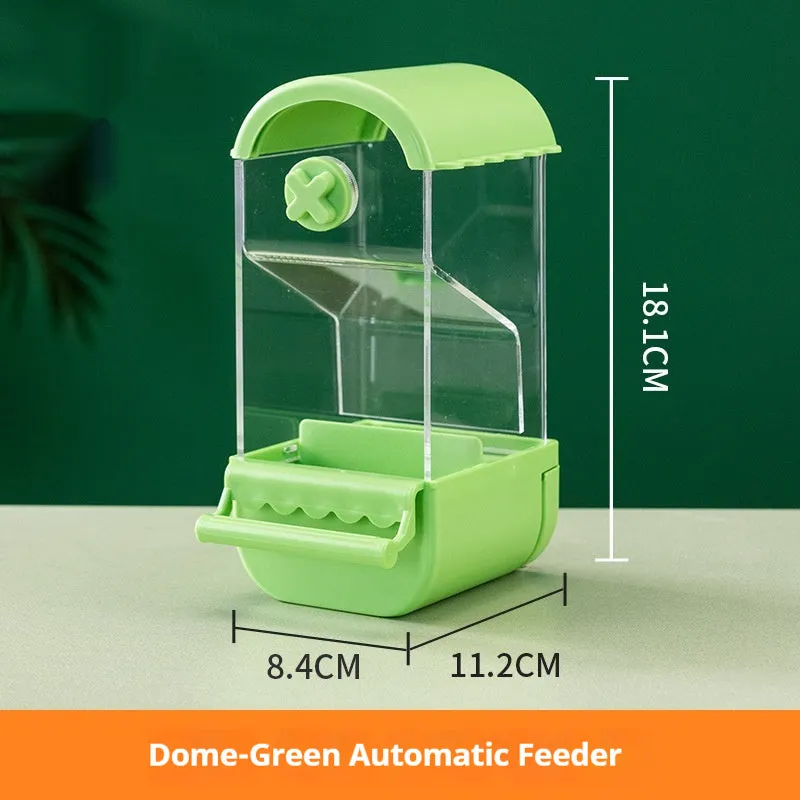 Parrot automatic pet feeder plastic acrylic dome small size white green yellow transparent long ladder