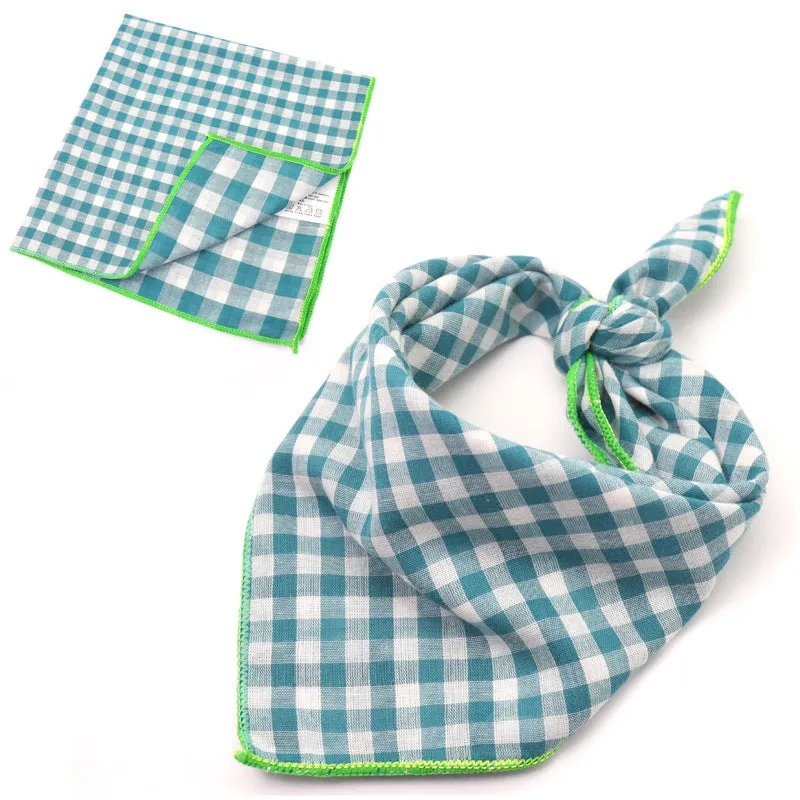 Plaid double sided cotton pet scarf in beige colour, 45x45cm, laid flat on surface