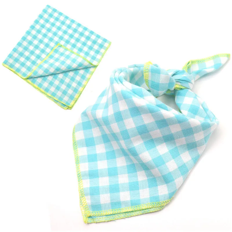 Plaid double sided cotton pet scarf in beige colour, 45x45cm, laid flat on surface