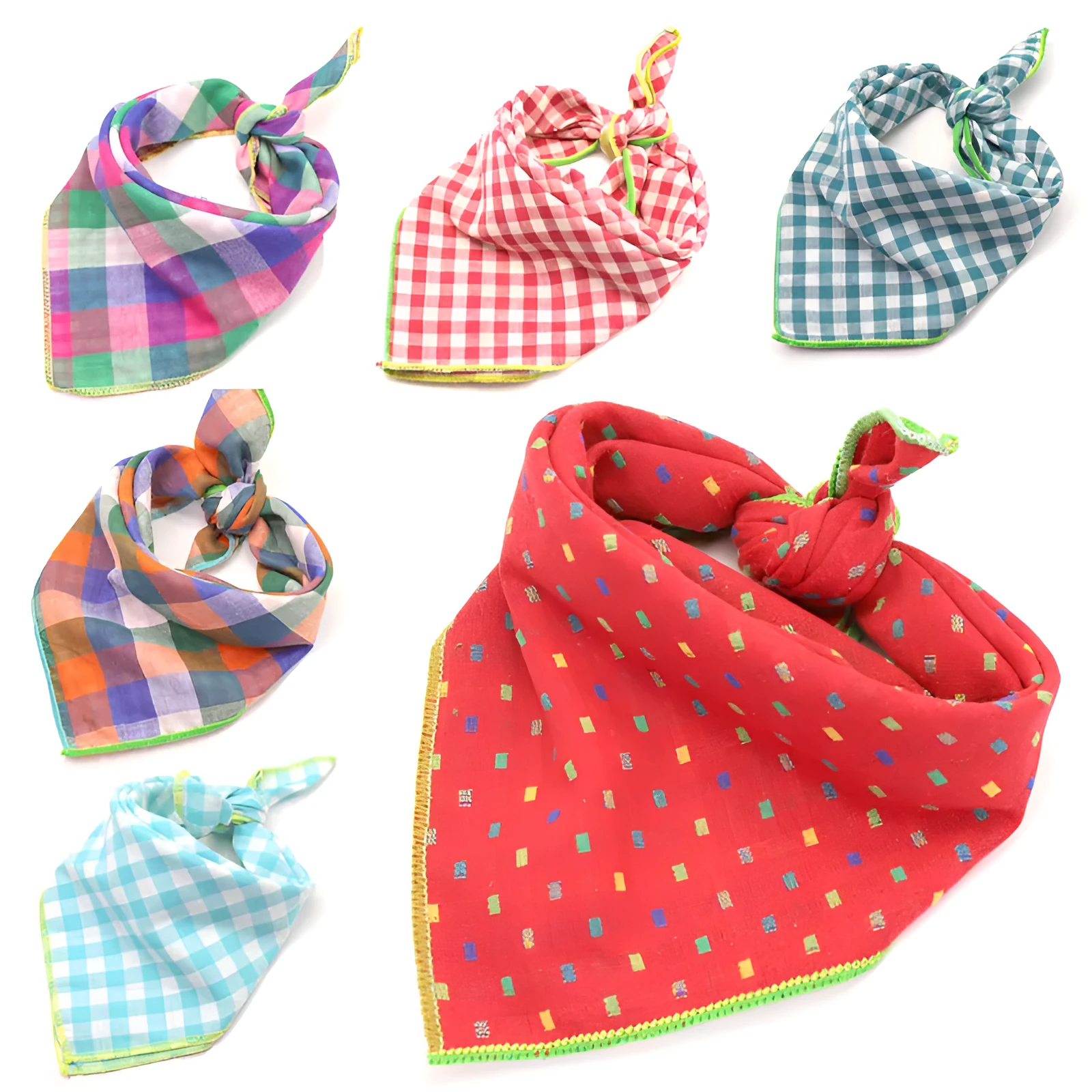 Plaid double sided cotton pet scarf in beige colour, 45x45cm, laid flat on surface