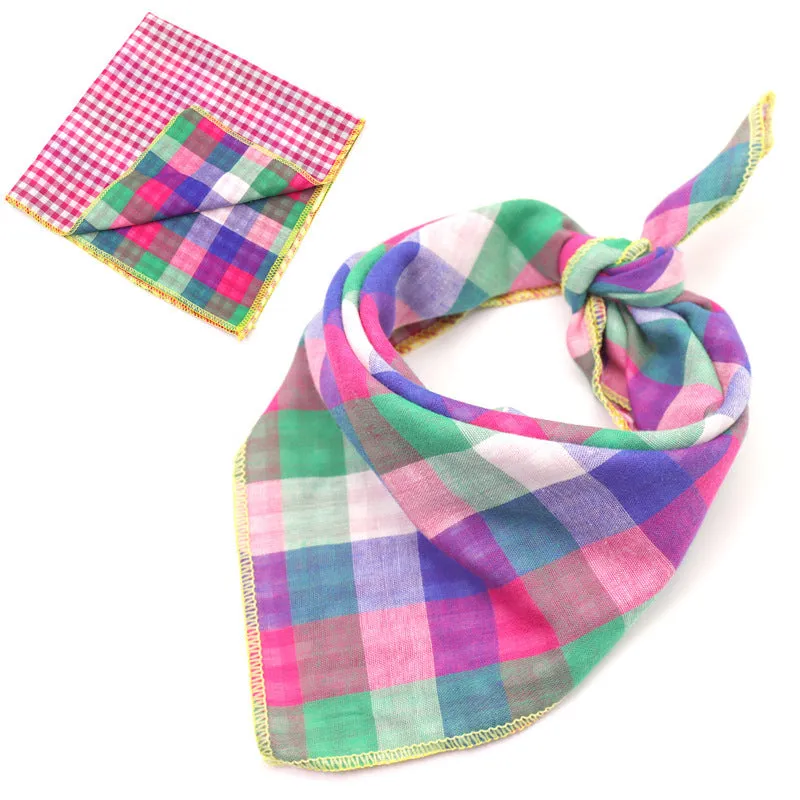 Plaid double sided cotton pet scarf in beige colour, 45x45cm, laid flat on surface