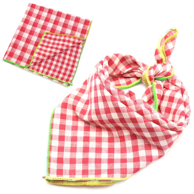 Plaid double sided cotton pet scarf in beige colour, 45x45cm, laid flat on surface