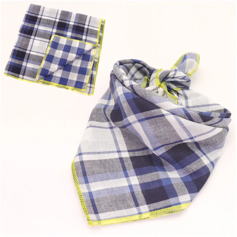 Plaid double sided cotton pet scarf in beige colour, 45x45cm, laid flat on surface