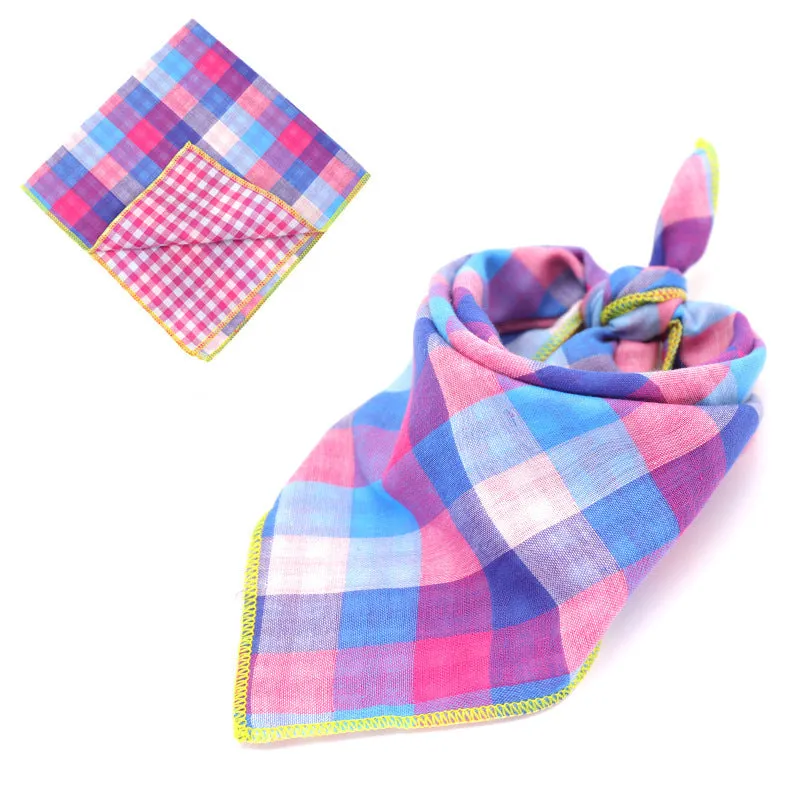 Plaid double sided cotton pet scarf in beige colour, 45x45cm, laid flat on surface