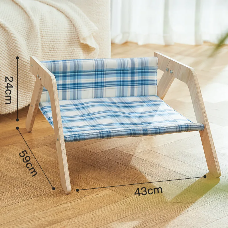 Wooden elevated cat beach chair bed with cloth hammock in green and blue colour options
