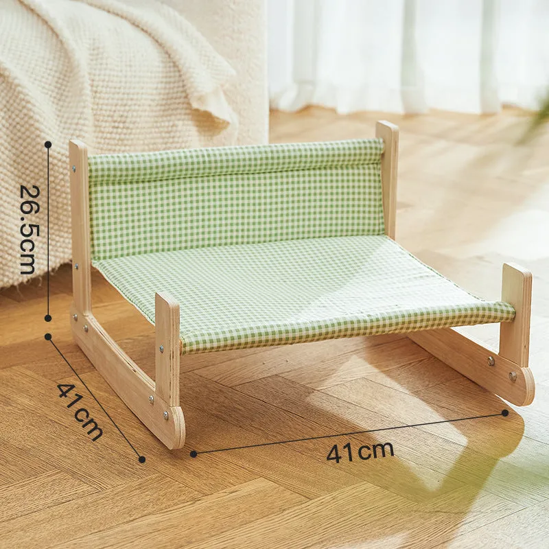 Wooden elevated cat beach chair bed with cloth hammock in green and blue colour options