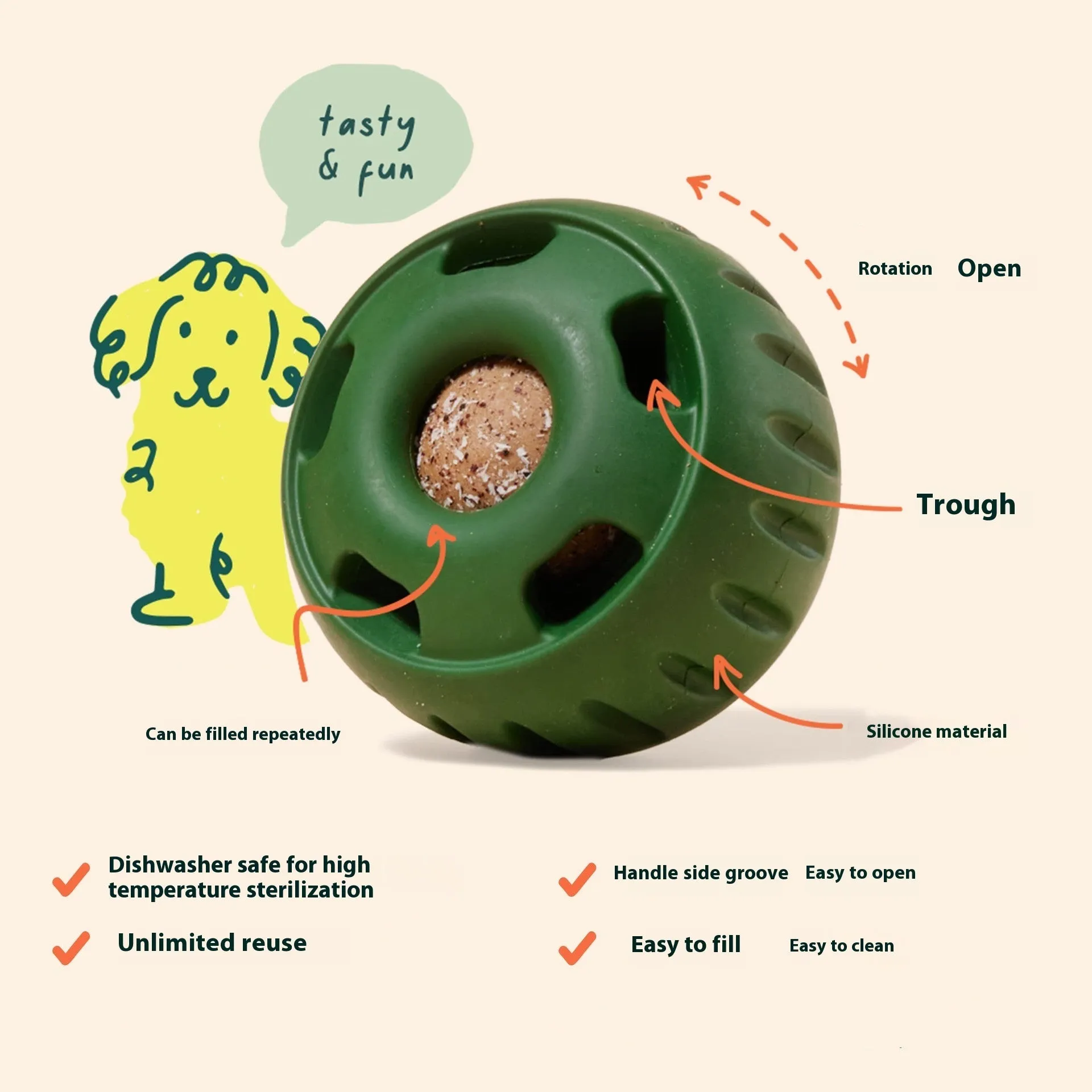 Green silicone slow feeder dog toy with ball and tray for slower eating and interactive play