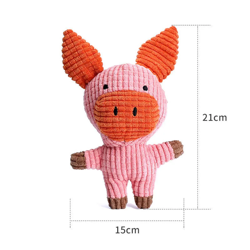 Animal-shaped plush dog chew toy with squeaker in multiple colour options