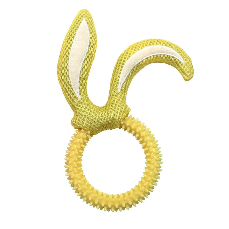 Bunny ears dog bite toy in pink, made from soft TPR material with a squeaker, 55g