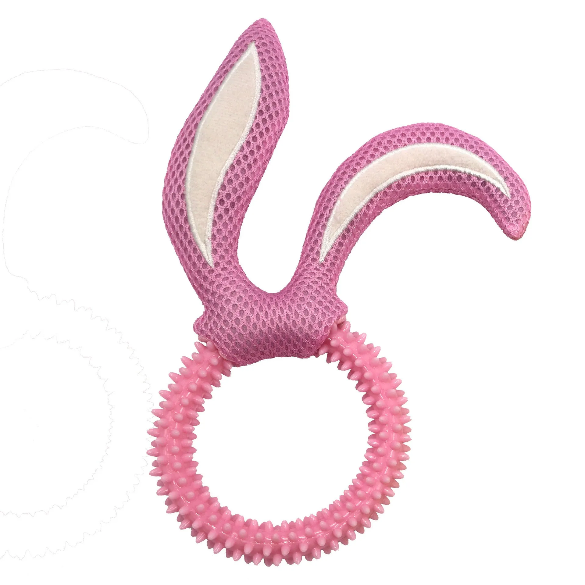 Bunny ears dog bite toy in pink, made from soft TPR material with a squeaker, 55g