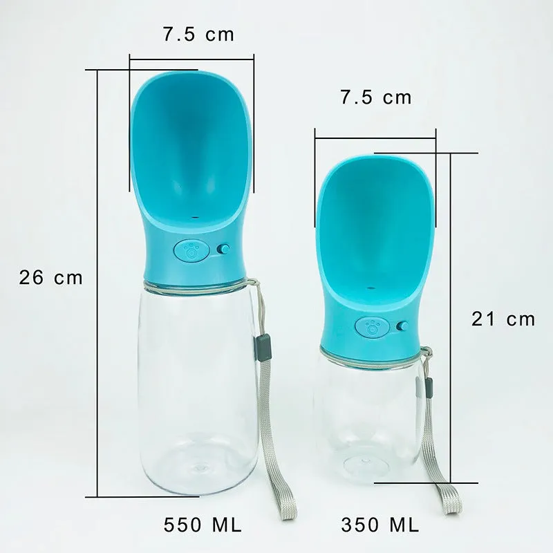 Outdoor portable handheld pet drinking fountain in black, lake blue, pink, royal blue, and white with multiple sizes 300-550ML