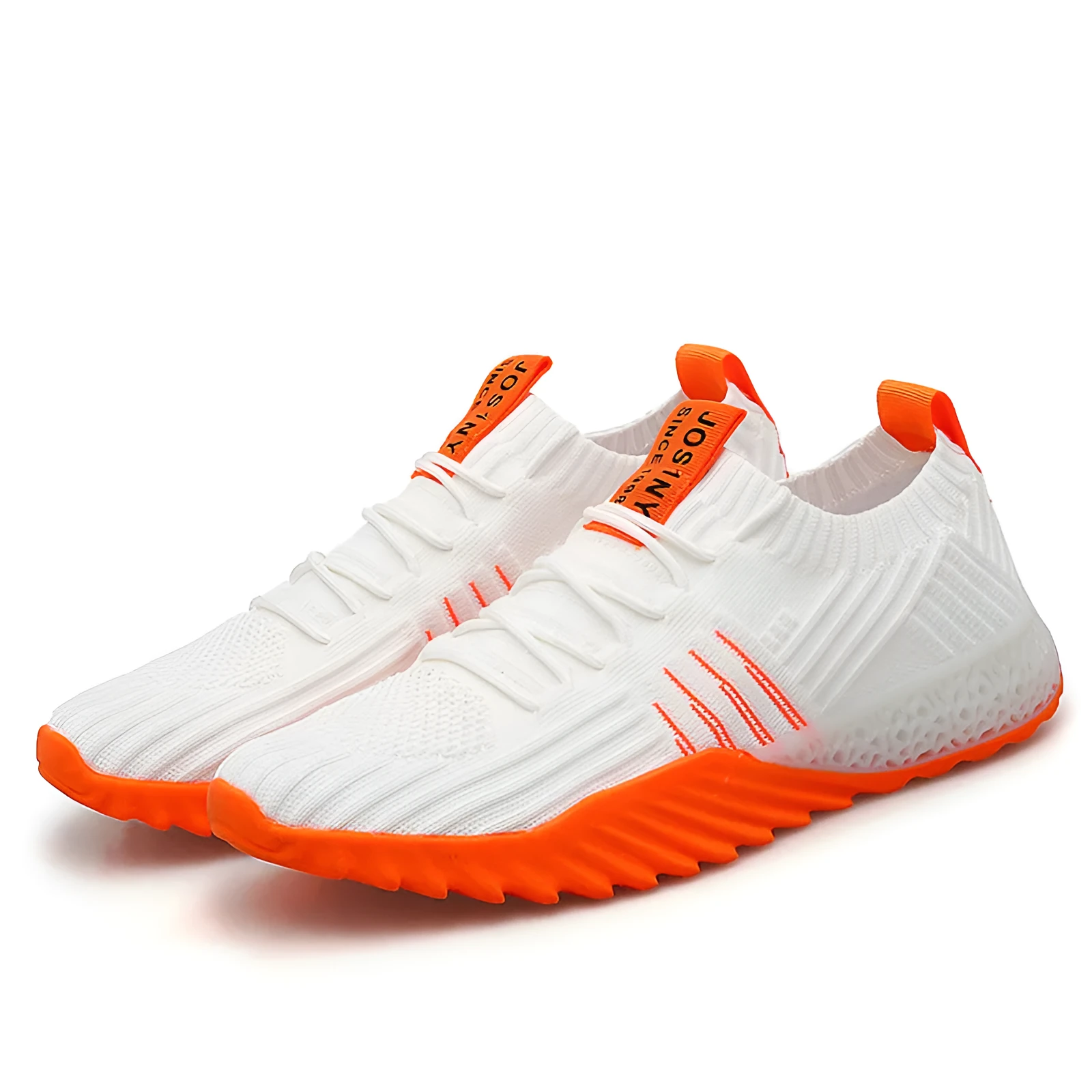 Flying woven mesh breathable sneakers in white green, unisex lace-up flat heel shoes with rubber sole