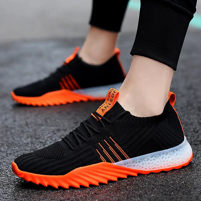 Flying woven mesh breathable sneakers in white green, unisex lace-up flat heel shoes with rubber sole