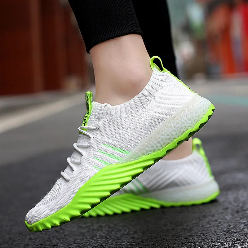 Flying woven mesh breathable sneakers in white green, unisex lace-up flat heel shoes with rubber sole