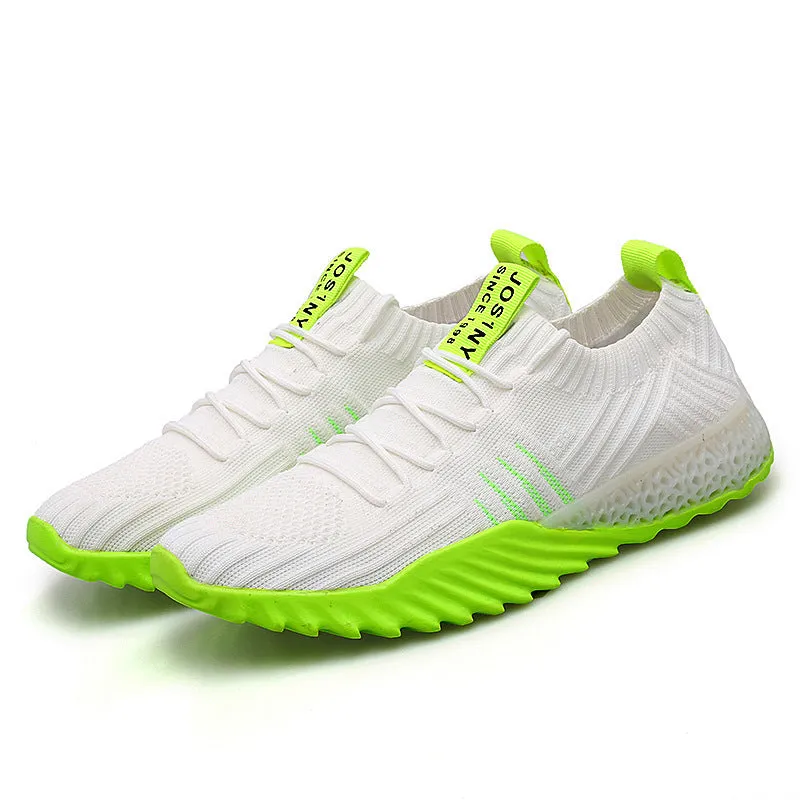 Flying woven mesh breathable sneakers in white green, unisex lace-up flat heel shoes with rubber sole