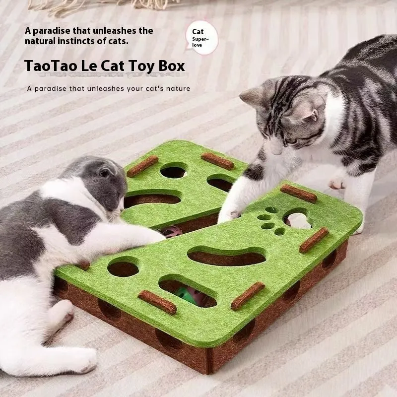 Green brown felt cat puzzle box with holes for pawing and mental stimulation