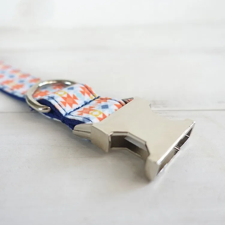 Bohemian printed polyester dog collar in blue with adjustable buckle, available in multiple sizes for small to large dogs