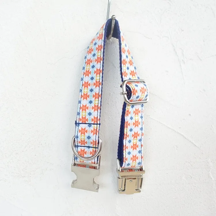 Bohemian printed polyester dog collar in blue with adjustable buckle, available in multiple sizes for small to large dogs
