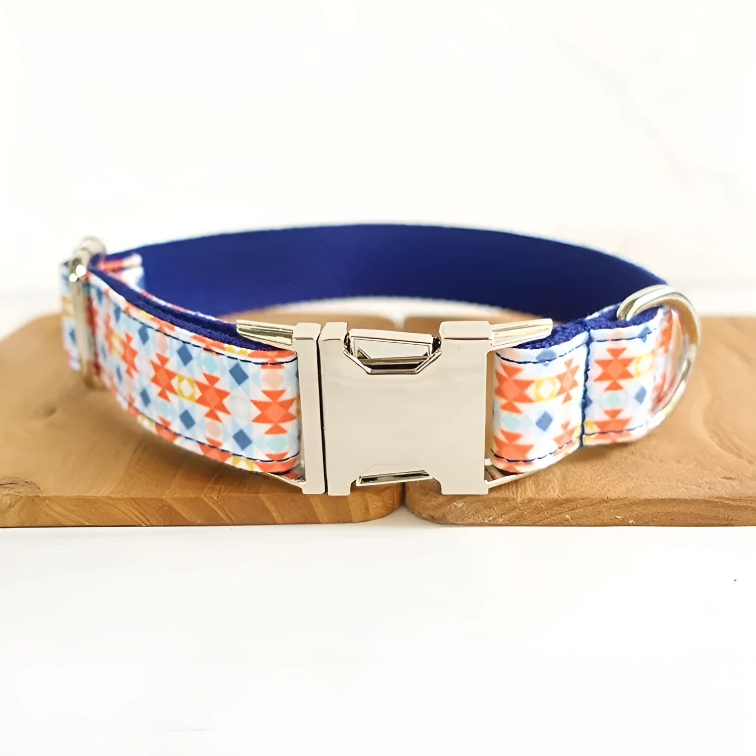 Bohemian printed polyester dog collar in blue with adjustable buckle, available in multiple sizes for small to large dogs