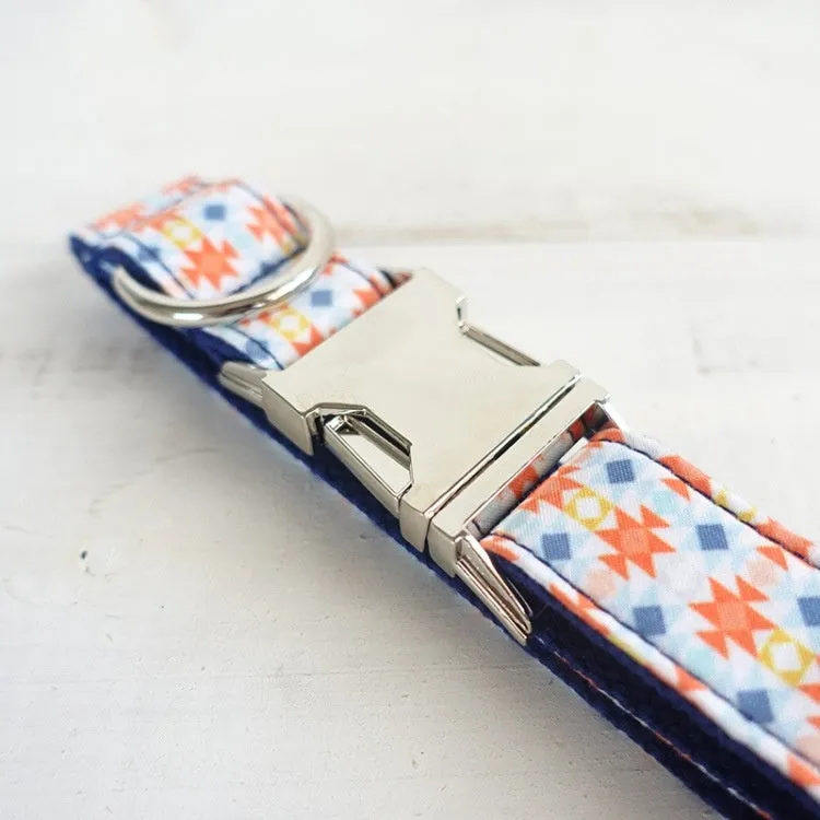 Bohemian printed polyester dog collar in blue with adjustable buckle, available in multiple sizes for small to large dogs