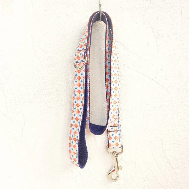 Bohemian printed polyester dog collar in blue with adjustable buckle, available in multiple sizes for small to large dogs