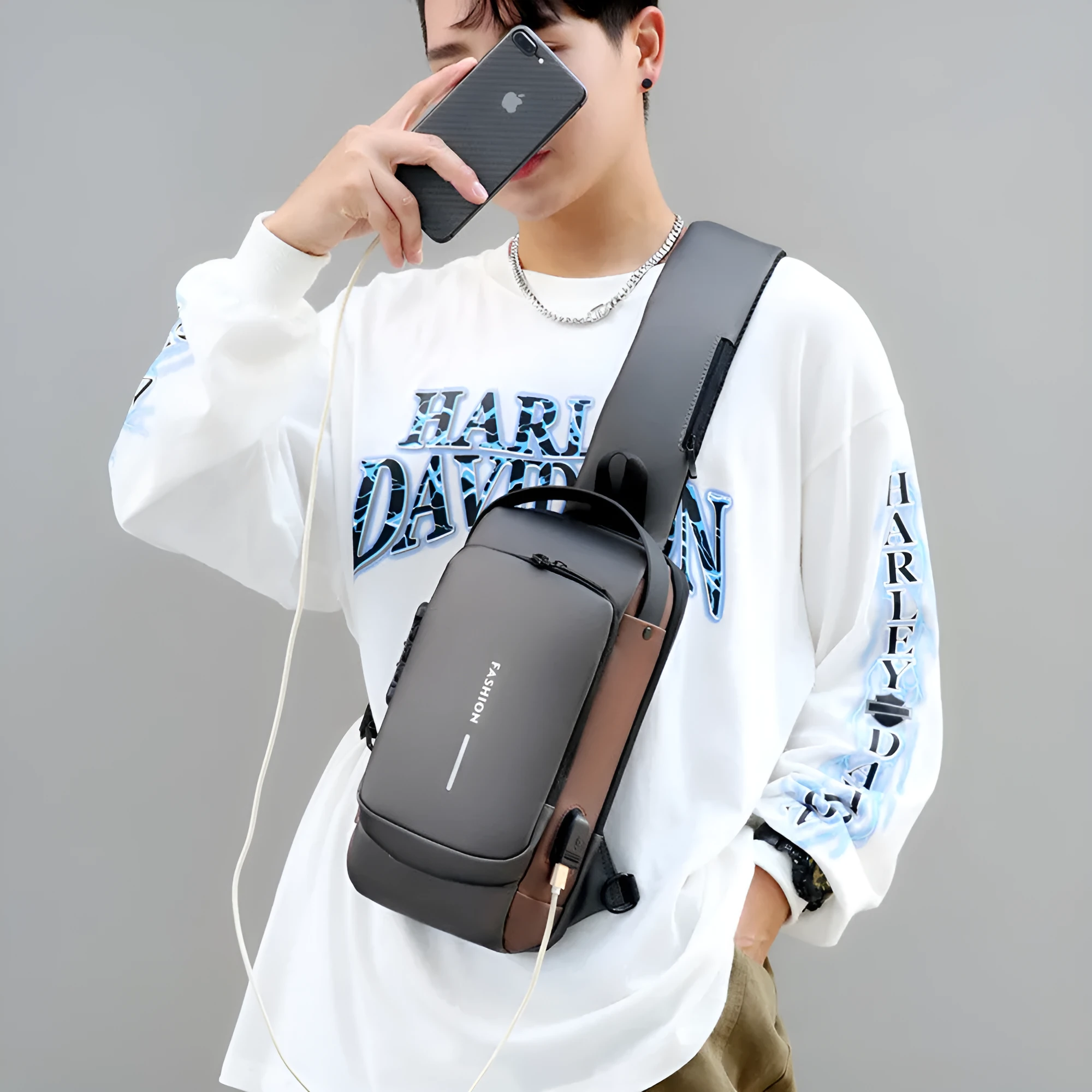 Men's black PU leather motorcycle chest bag with password lock and zipper opening
