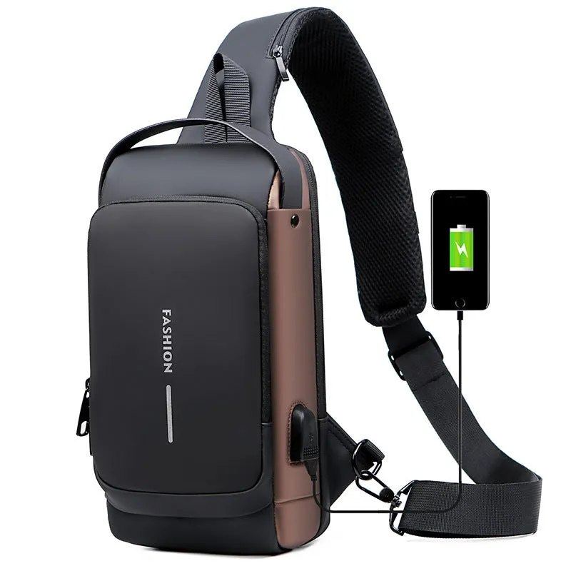 Men's black PU leather motorcycle chest bag with password lock and zipper opening