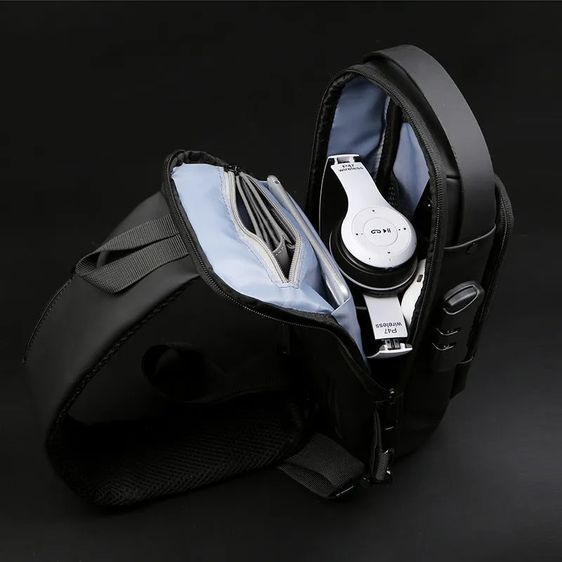Men's black PU leather motorcycle chest bag with password lock and zipper opening