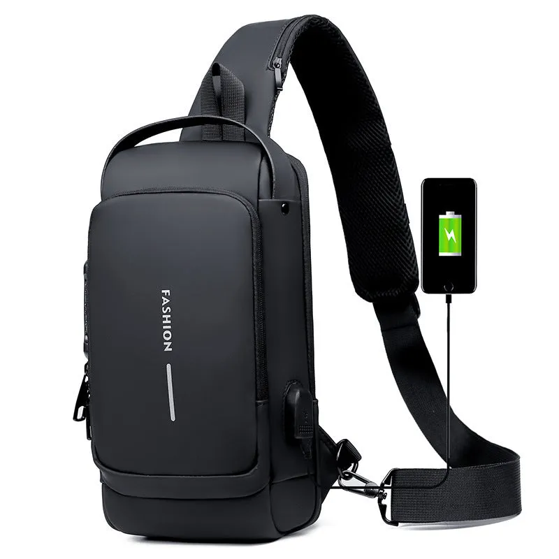 Men's black PU leather motorcycle chest bag with password lock and zipper opening