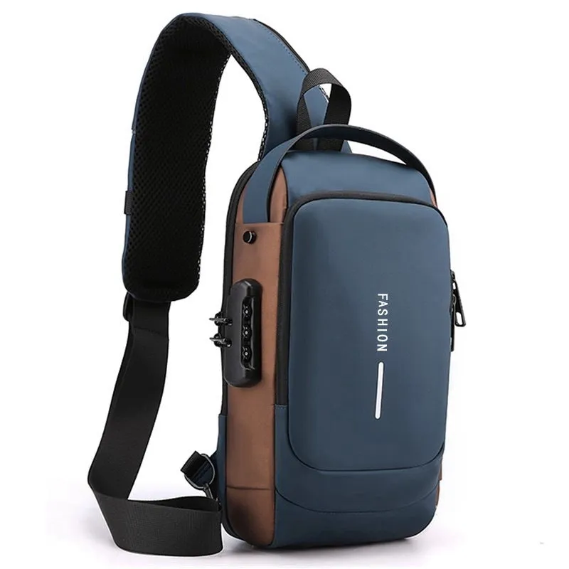 Men's black PU leather motorcycle chest bag with password lock and zipper opening
