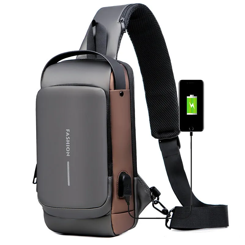 Men's black PU leather motorcycle chest bag with password lock and zipper opening