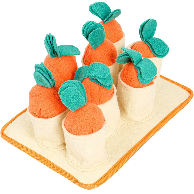 Orange pull radish game puzzle dog toy made from polar fleece and felt cloth for slow feeding and sniffing play