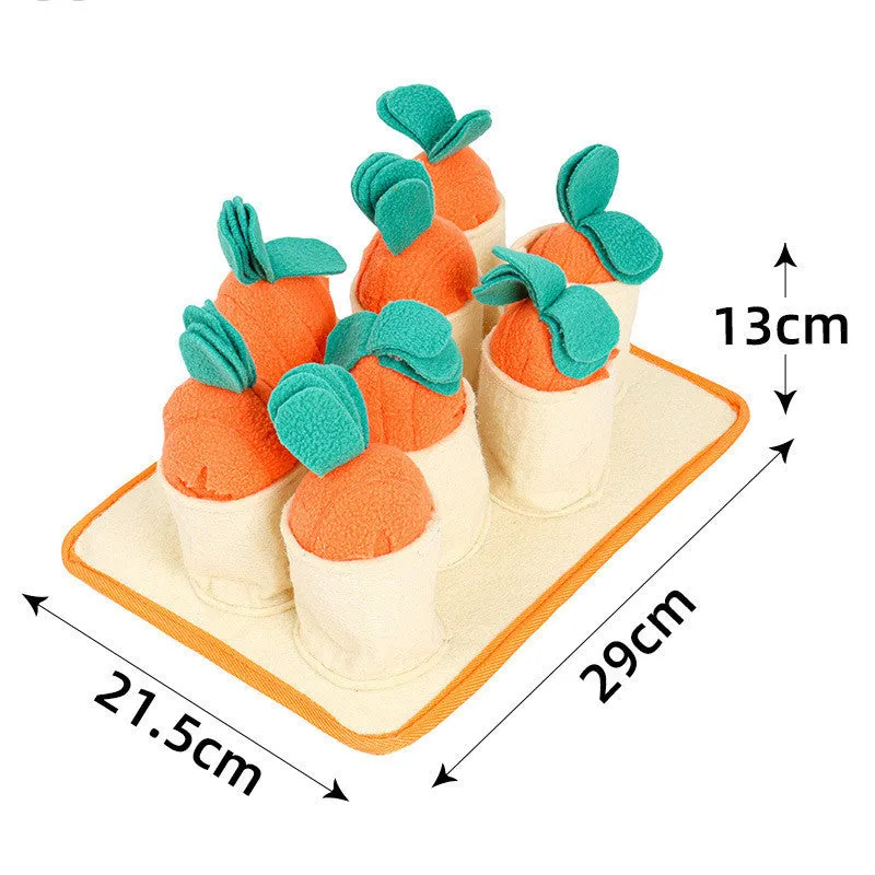Orange pull radish game puzzle dog toy made from polar fleece and felt cloth for slow feeding and sniffing play