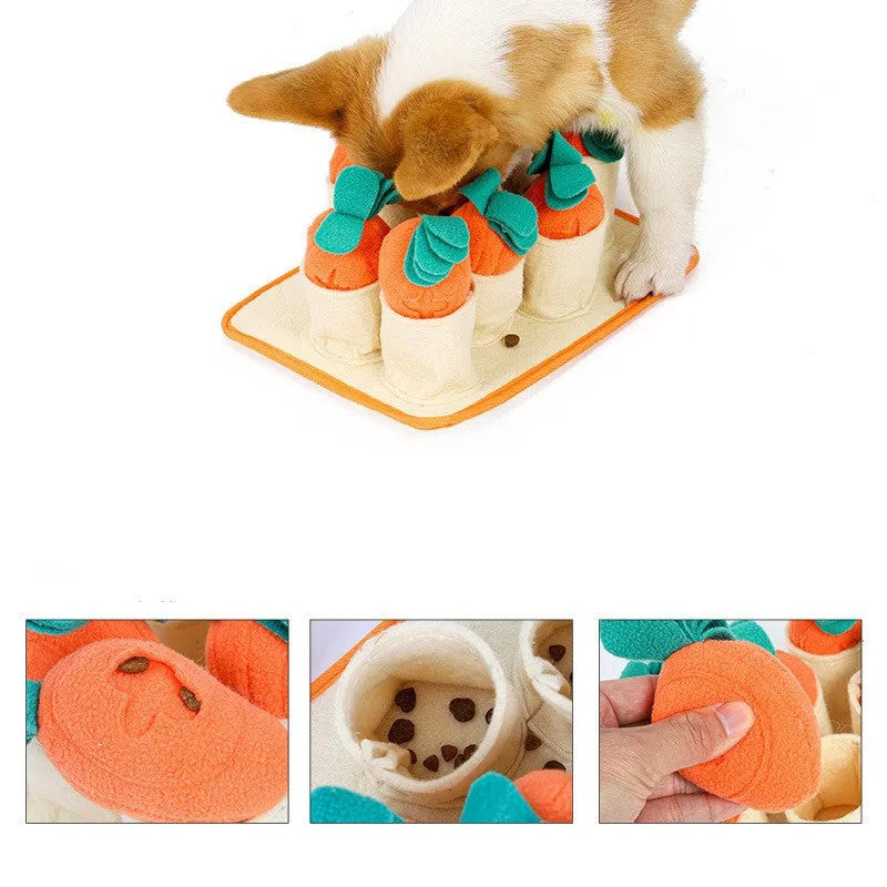 Orange pull radish game puzzle dog toy made from polar fleece and felt cloth for slow feeding and sniffing play