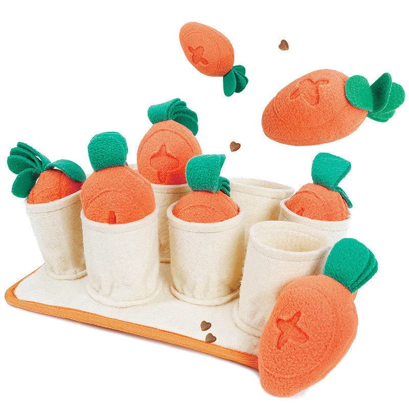 Orange pull radish game puzzle dog toy made from polar fleece and felt cloth for slow feeding and sniffing play