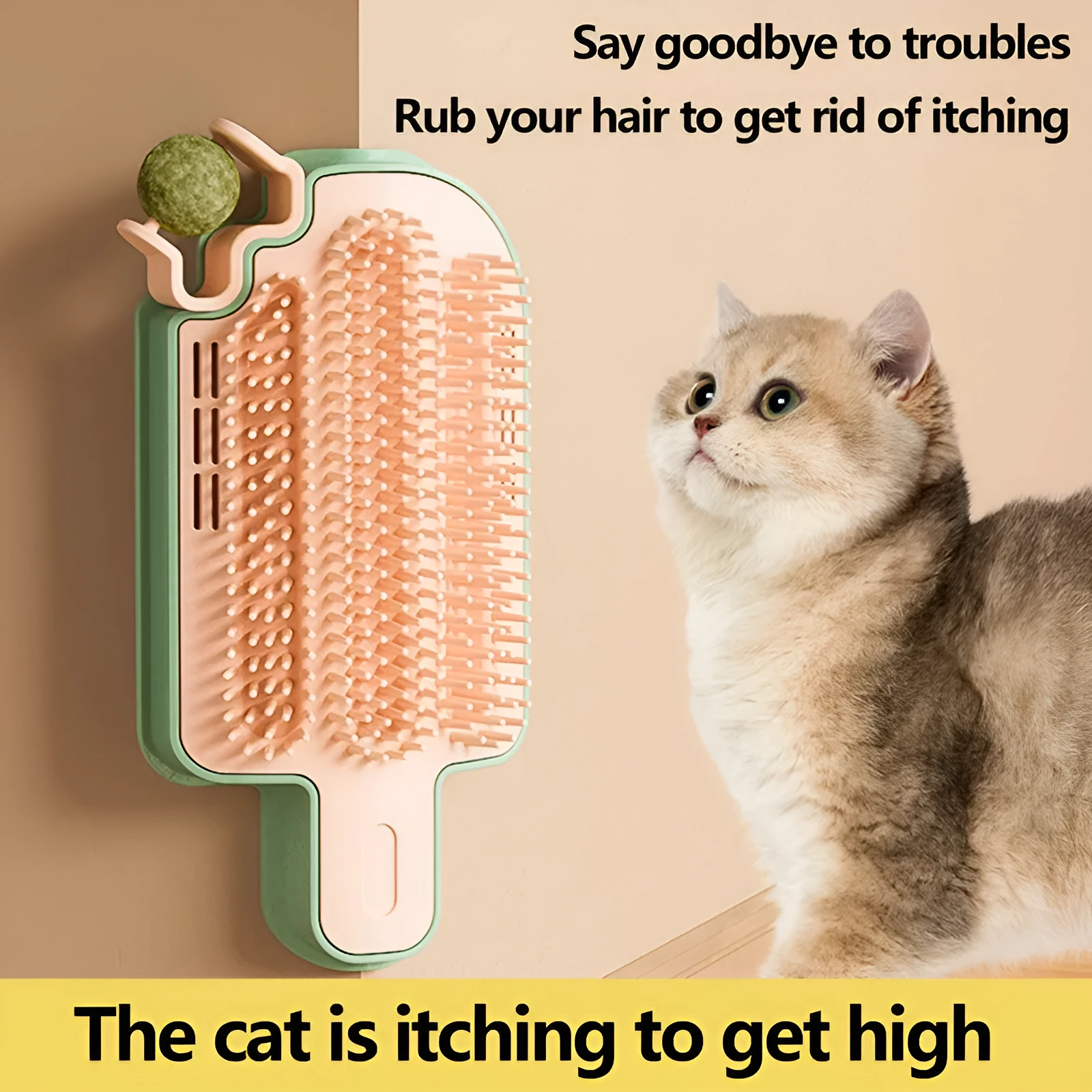 Ice cream-shaped cat scratching toy with corner rubbing post, mint ball, and feather attachment on white background.