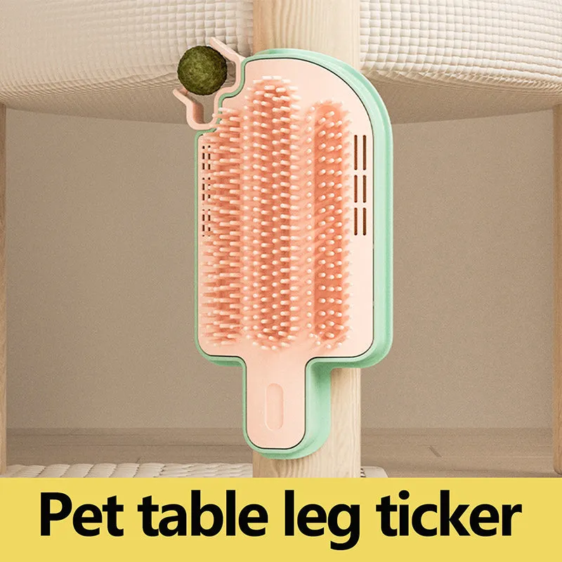 Ice cream-shaped cat scratching toy with corner rubbing post, mint ball, and feather attachment on white background.