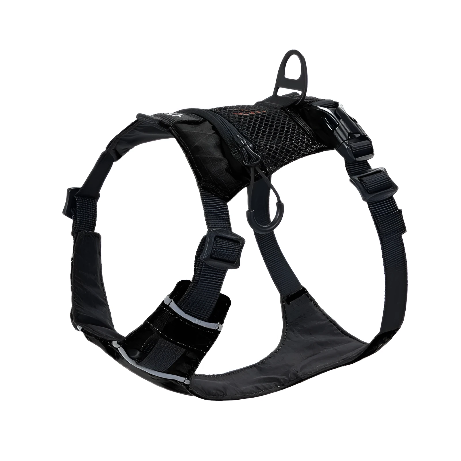 Waterproof reflective nylon dog harness in black, adjustable size, chest strap design