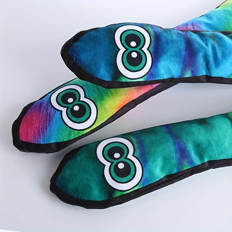 Snake-shaped dog squeaky toy with printed stripe pattern in blue and green plush
