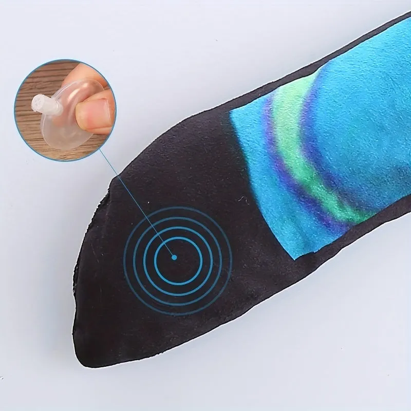 Snake-shaped dog squeaky toy with printed stripe pattern in blue and green plush